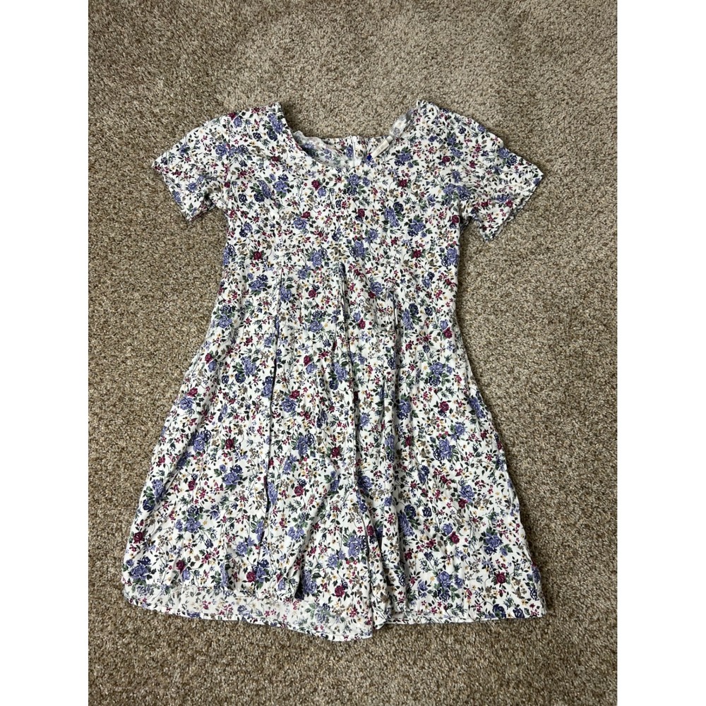 Vintage Hana Floral Mini Dress Womens Medium Made in USA Purple Blue Cottagecore